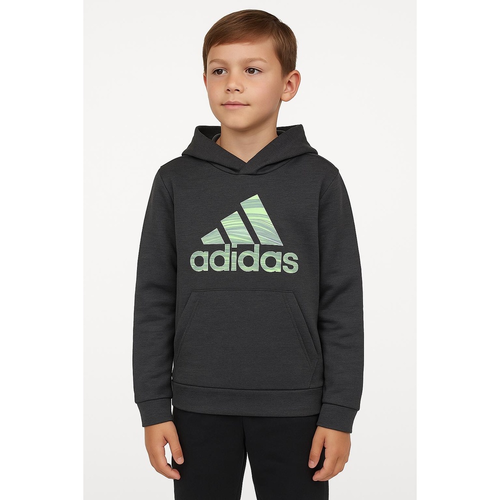 ADIDAS Gray Printed Logo Kangaroo Pocket Sporty Casual Hoodie Boys Small (8)